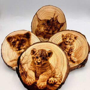 Set of 4 Wooden Lasered Lion, Cheetah Cub Coasters